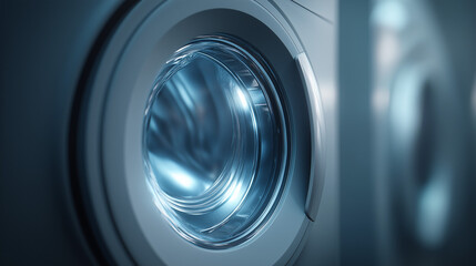 modern washing machine, focusing on its drum and door. It highlights the sleek and advanced design of the appliance, prominently displays the interior of the washing machine drum..