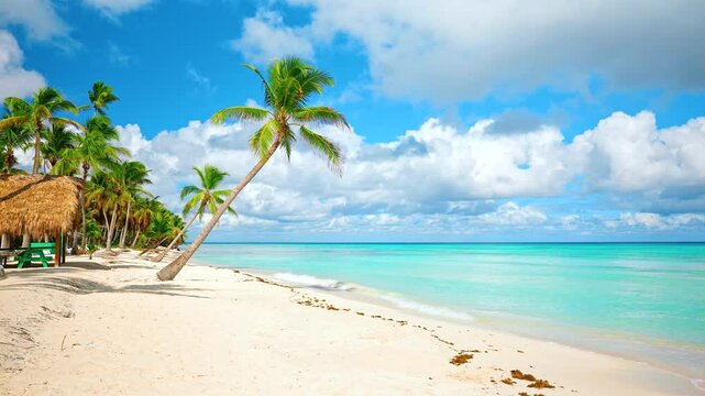 Beautiful resort coastline with tall palm trees. Gentle sea wave on the sand. Idyllic sandy beach of the Dominican Republic, Punta Cana. Vacation on the best beaches in the world. Paradise palm island