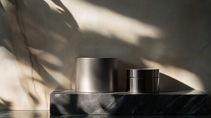 Metal tins with soft shadows on beige backdrop creating minimalist contemporary product display scene