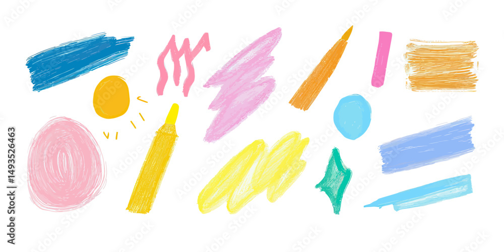 Poster Abstract colorful crayon and brush strokes doodle set with various scribble shapes and vibrant paint textures for creative design background use