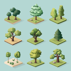 Isometric set of diverse trees on grassy and sandy tiles with shadows in flat minimalist nature vector illustration
