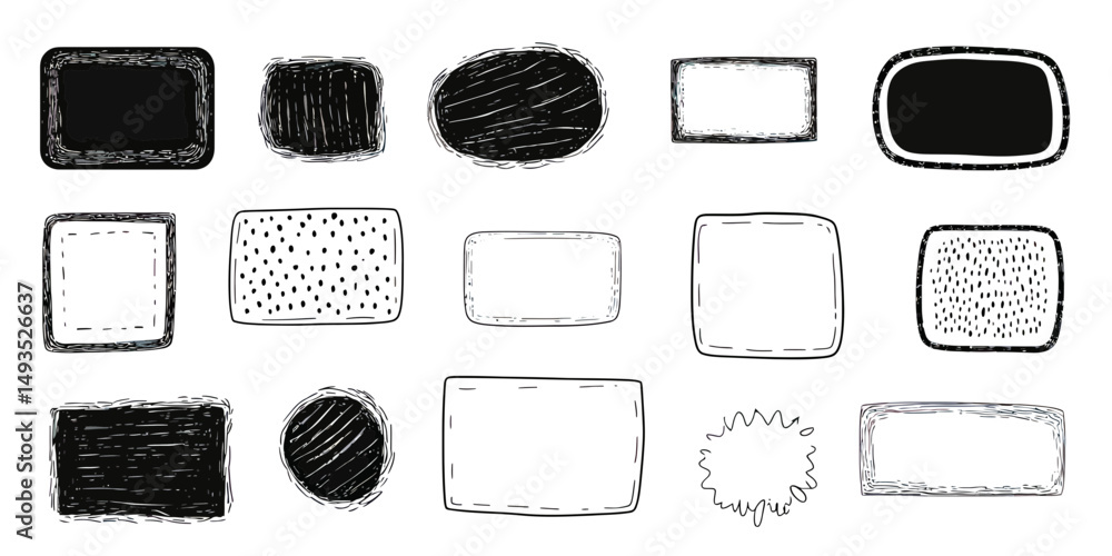 Poster hand drawn doodle frames set with various black and white scribble square and oval shapes for text b