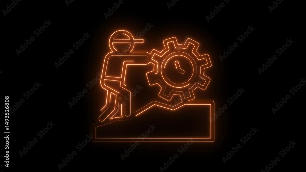 Poster neon animation of man working with gear clock on graph representing time management