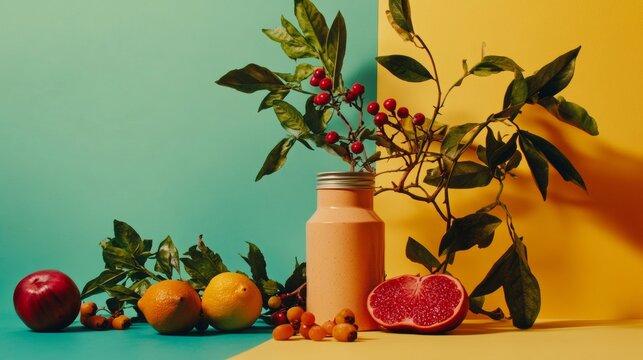 Colorful tropical fruits on yellow background with summer vibe and fun minimal styling