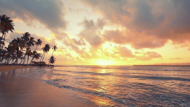 Summer warm sunset on a wild palm beach. Waves on the sand of the sea coast. Natural tropical landscape with a sandy beach. Summer evening on the beach of a palm island. Twilight.