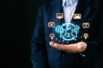 business professional presents a glowing holographic display show AI driven collaboration, innovation, and data exchange, emphasizing artificial intelligence's global impact on digital communication.