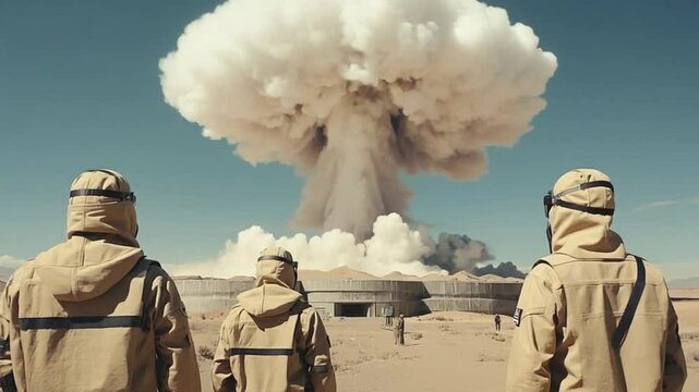 Scientists watching a nuclear test explosion.