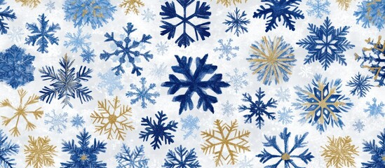 Festive snowfall backdrop with blue and gold snowflakes on snowy surface
