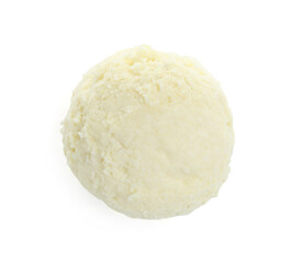 One scoop of delicious ice cream on white background, top view