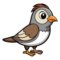 Cartoon sparrow bird in profile stands cheerfully with brown feathers on a white backdrop