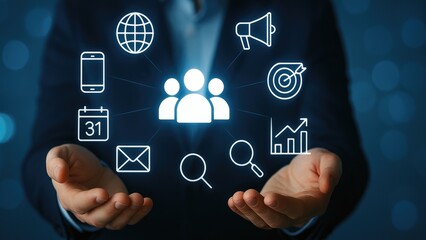 A business professional showcasing digital marketing concepts with icons and graphics.