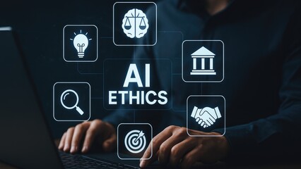 Visual representation of AI ethics with icons and a laptop background.
