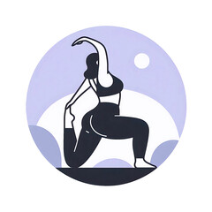 Woman practicing yoga in a stylized landscape with sun and clouds  