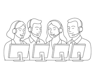 Call center customer service hotline operators. flat vector linear illustration isolated on white background