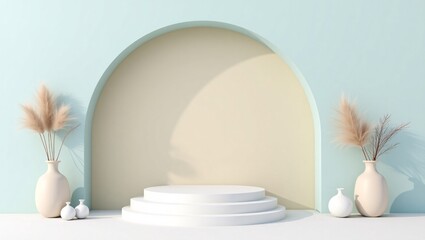 Fototapeta premium Minimalist 3D Render of Product Display Podium with Pampas Grass and Ceramic Vases in Soft Pastel Interior