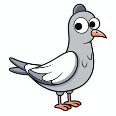 Cartoon pigeon with large eyes stands while facing right on a white background