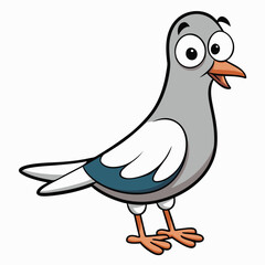 Cartoon pigeon stands with a surprised expression on white, ready to amuse children