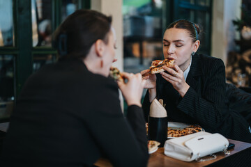 Two friends are sharing a pizza in a cozy cafe, enjoying their meal and conversation, showcasing moments of food, friendship, and leisure.