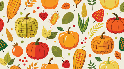 Fall Harvest Seamless Pattern Featuring Pumpkins Corn and Apples.