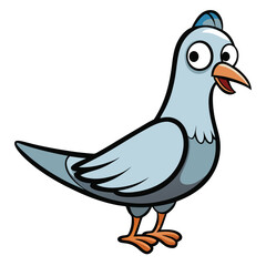 Cartoon pigeon with wide eyes stands attentively, its beak slightly open in a friendly expression