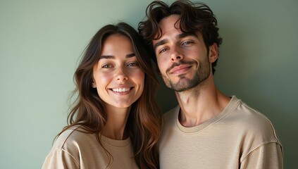 Young caucasian couple smiling together against green background