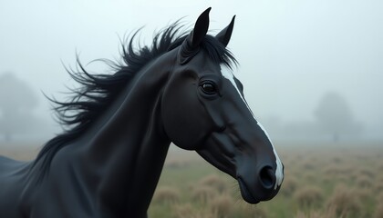 Obraz premium Black Horse Portrait in Foggy Field