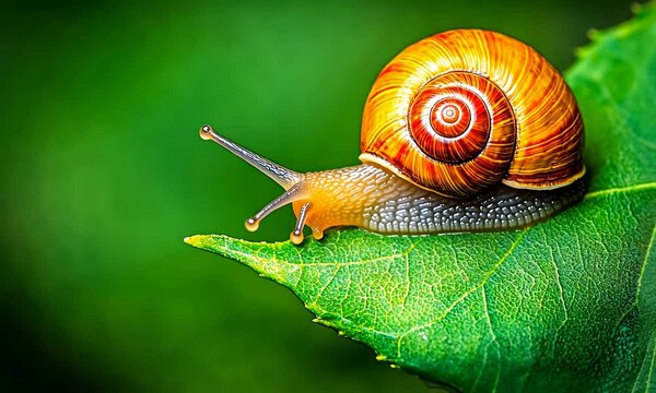 A snail with an orange shell gracefully perches on a vibrant green leaf. The picture highlights the snail's detailed body. The shell's spiral pattern is a focal point against a verdant backdrop