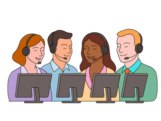 Call center customer service hotline operators. flat vector linear illustration isolated on white background