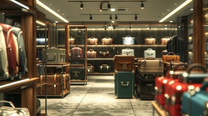 A high-end luggage store, with travel bags and accessories displayed in an elegant setting that speaks to the luxury and excitement of travel. 8k, realistic, full ultra HD, high resolution, and cinema