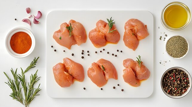 Raw chicken breasts arranged on a white cutting board.