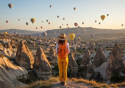 Spectacular view: A woman gazes at hot air balloons floating over Cappadocia's unique landscape during sunrise.
