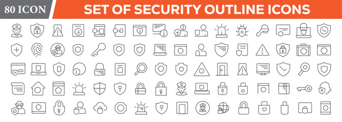 Security outline icon set. Big UI icon set in a flat design. Editable stroke. Set of Security web icons in line style. Guard, cyber security, password, smart home, safe Locked.