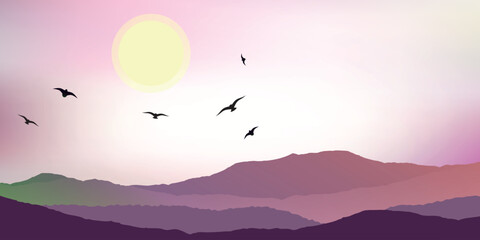 a landscape with a setting or rising sun against a sky with a gradient from pink to white with silhouettes of mountains in shades of purple and green and birds in the sky