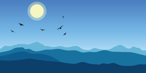 A minimalist tranquil landscape with a full moon in the sky, several flying birds and silhouettes of mountains on the horizon.