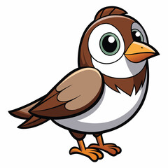 Animated brown sparrow with a white belly stands with an intense gaze and vibrant plumage