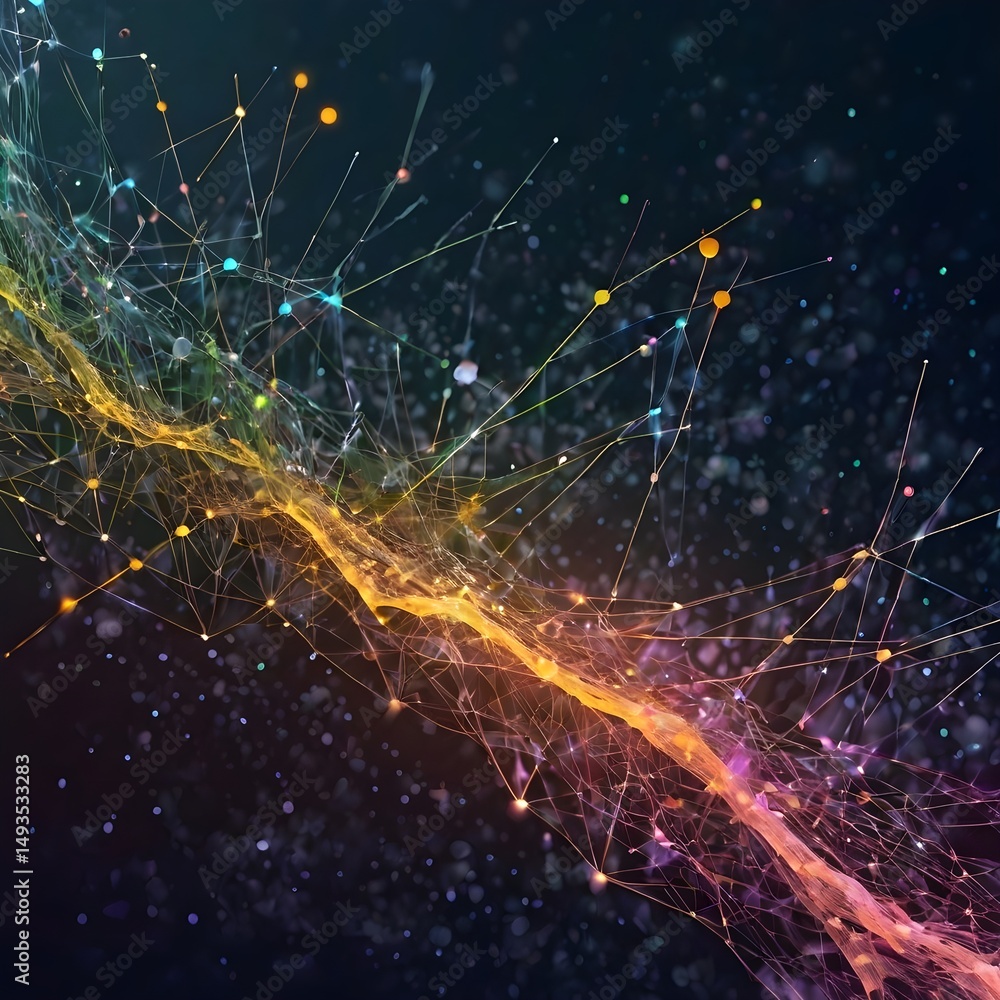 Poster cyber big data flow particles bokeh. digital neural network. concept of ai artificial intelligence t