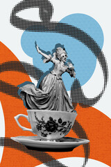 Poster trend sketch template 3D collage of aristocratic fashion elegance dress young lady...