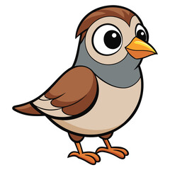 A cute sparrow with brown plumage and an orange beak stands on white