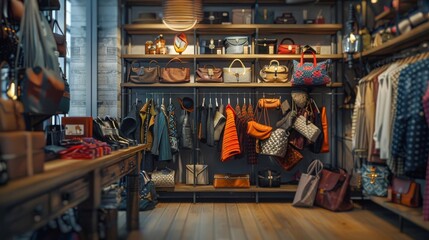 A high-fashion accessory store, with bags, scarves, and jewelry displayed as pieces of art, inviting customers to accessorize with flair and individuality. 8k, realistic, full ultra HD, high resolutio