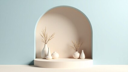 Fototapeta premium Minimalist 3D Render of Product Display Podium with Pampas Grass and Ceramic Vases in Soft Pastel Interior