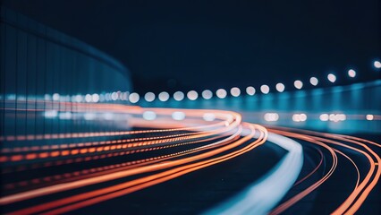 Fototapeta premium Long exposure of a highway tunnel with blurry light trails at night