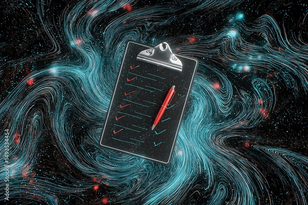 Poster clipboard with checkmarks and a pen floating among swirling cosmic patterns in a digital environment