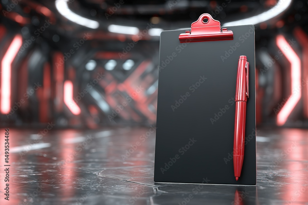 Poster clipboard and red pen positioned on reflective surface in a futuristic environment with neon lightin