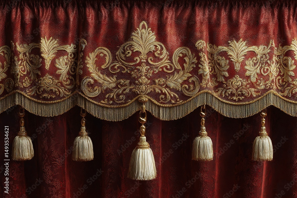 Poster luxurious red and gold curtain with intricate patterns and elegant tassels in a sophisticated interi