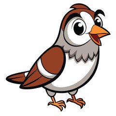 Cartoon sparrow with brown plumage and vibrant orange beak joyfully chirps on white