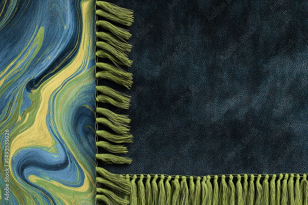 Poster elegant textile design featuring blue and gold abstract patterns with textured green fringe detail o