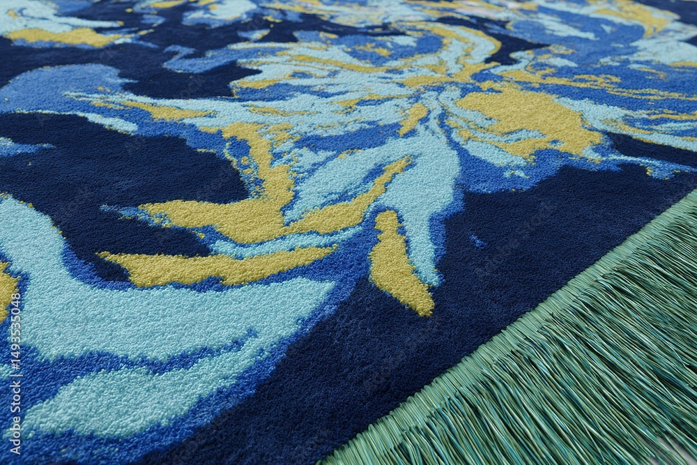 Poster colorful floral design rug with intricate patterns displayed on a textured surface in a well-lit roo