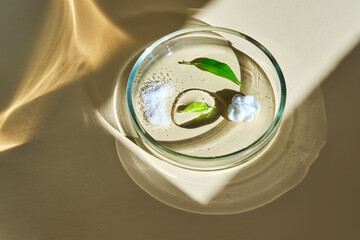 Various cosmetics in a petri dish on a beige background.