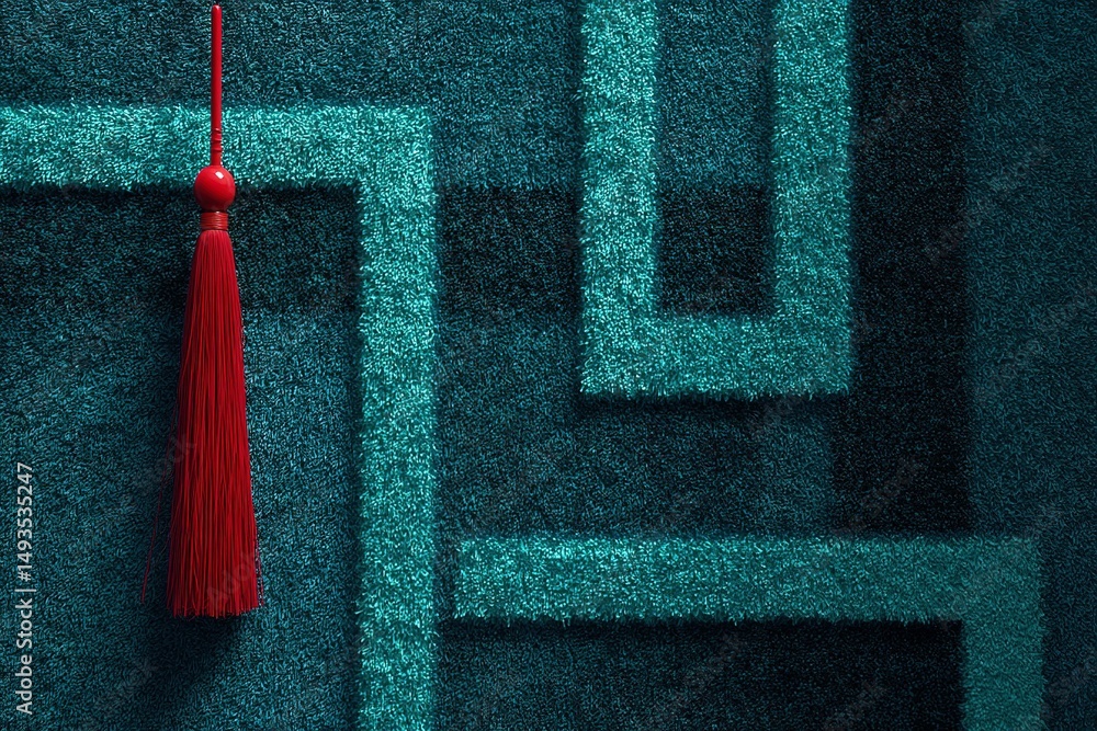 Aufkleber vibrant red tassel on a textured teal rug with geometric patterns creating a captivating modern deco
