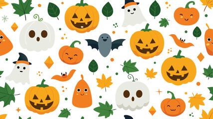 Halloween Pattern with Pumpkins and Ghosts on White Background.
